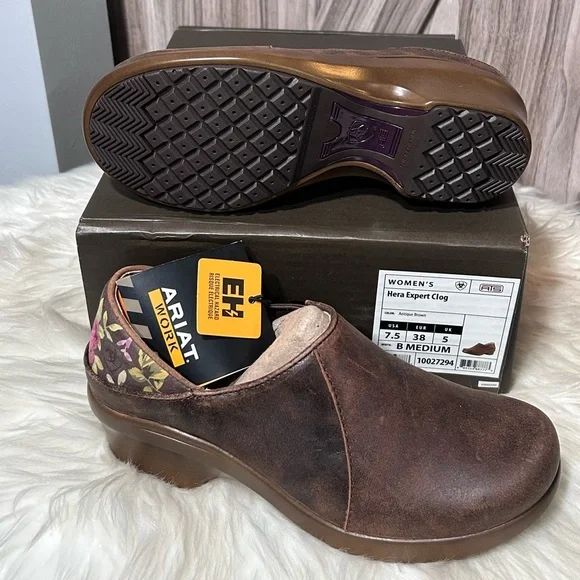 Ariat Hera Expert Clog - Women's 7.5 Distresses Brown with Floral Pattern - Picture 4 of 8